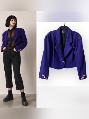 Vintage Jonathan Stevens Wool Cropped Coat Large Purple Gold Blazer Jacket 90s